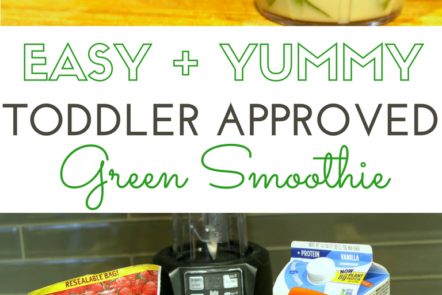Easy toddler approved green smoothie recipe. Even your most picky eater will get the vegetables and nutrition they need with this yummy green smoothie.